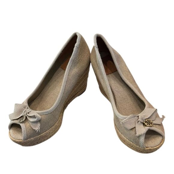 Tory Burch Jackie Canvas Natural Peep Toe Espadrille Wedges 7 - Picture 2 of 5